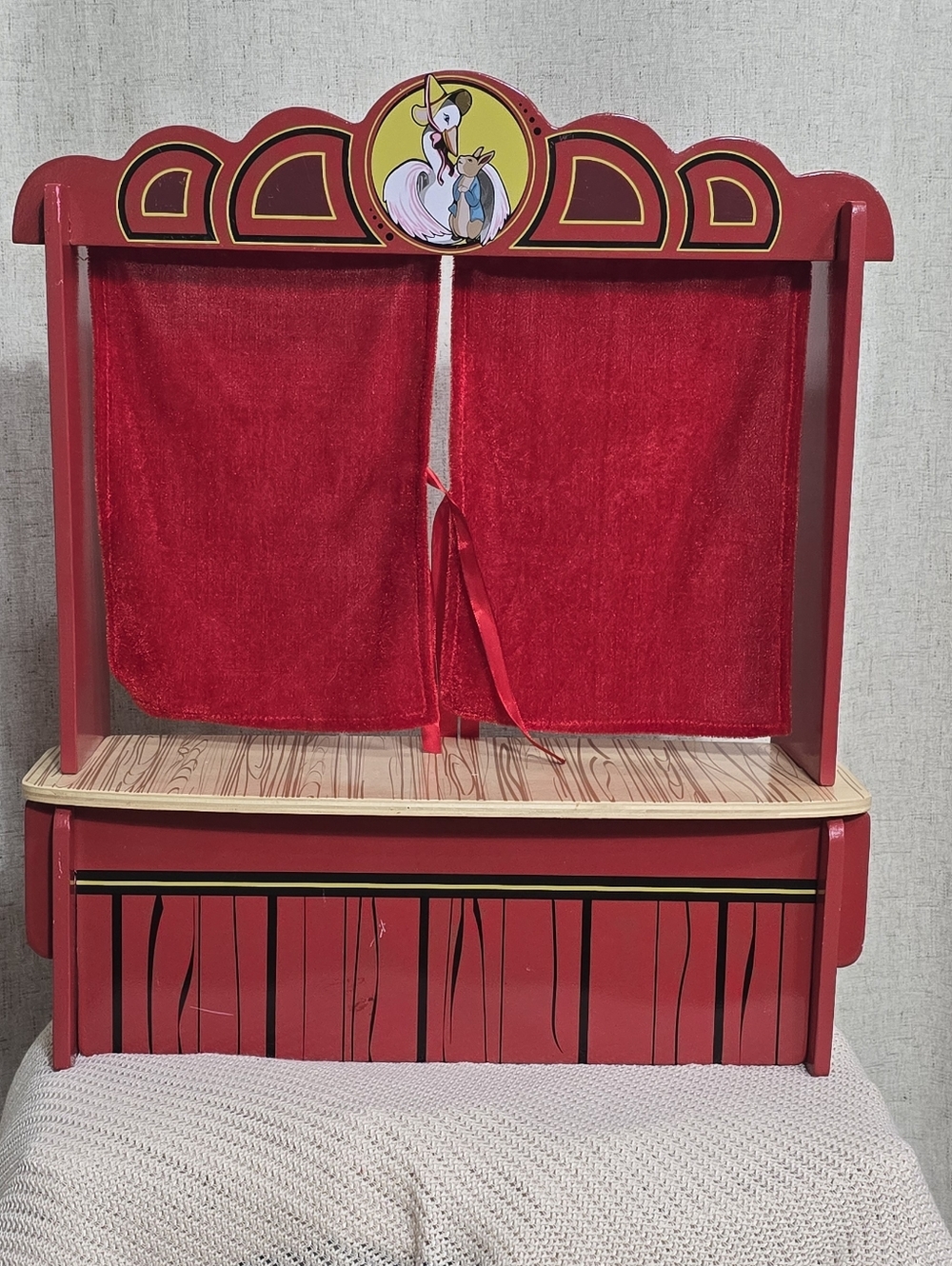 Kids Red Wooden Puppet Theater with Velvet Curtains, Play Stage, And 8 Puppets